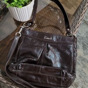 Brown patent coach crossbody